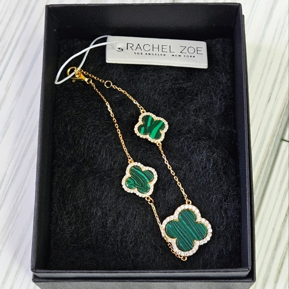 Rachel Zoe 3 Clover Alhambra Bracelet in GP Sterling Silver and Malachite NWT - Picture 7 of 8